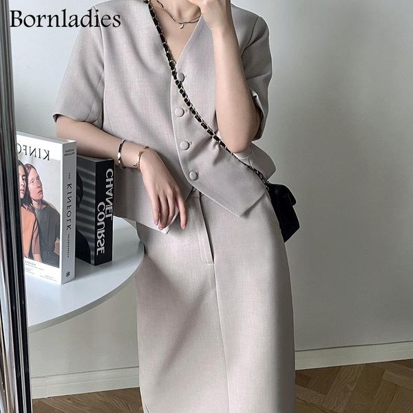 

two piece dress bornladies women green skirt suits elegant single-breasted short suit jacket & pencil 2021 summer ladies blazer sets, White