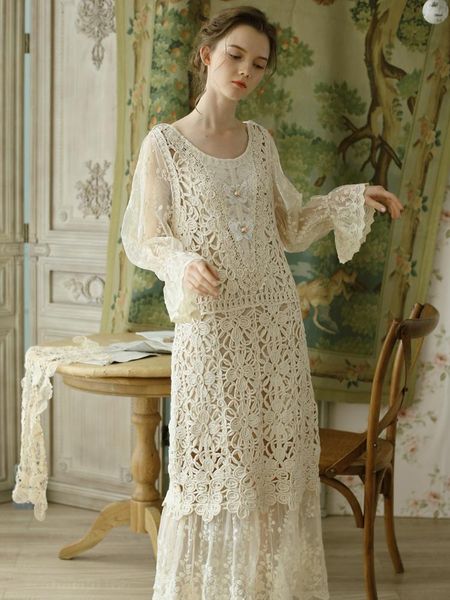 

casual dresses 2021 summer women long dress cotton lace vintage lantern sleeve hollow hook size, Black;gray