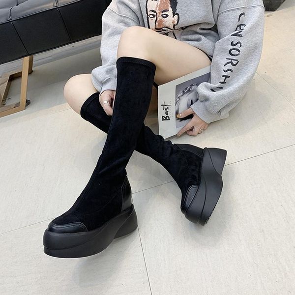 

boots the winter 2021 warm for women's shoes with non-slip round head thick 6cm high internal increment height 3cm, Black