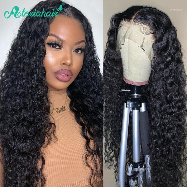 

asteria hair water wave 360 lace frontal human wigs for black woman 180% density 370 wig brazilian remy1, Black;brown