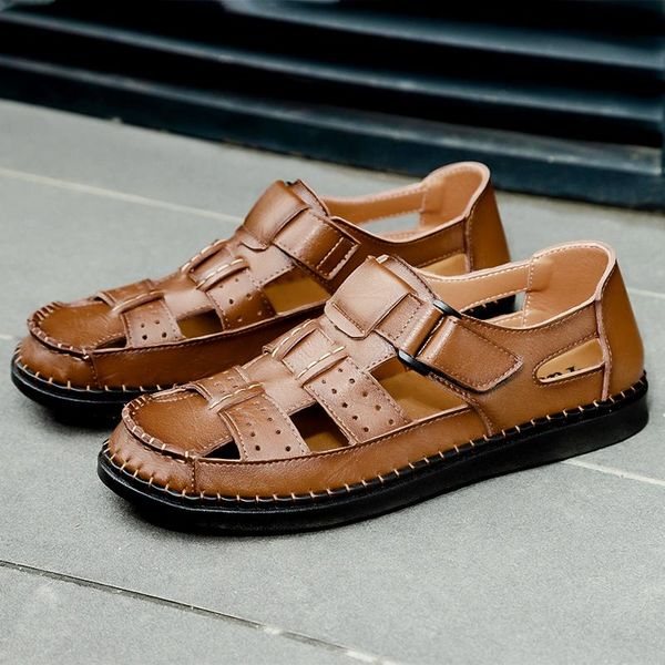 

sandals mens 39s hollow breathable gladiator roman genuine leather beach sandles 2021 summer rubber shoes online fashion, Black