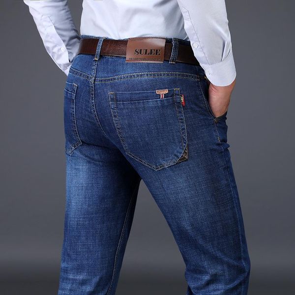 

men's straight denim pants retro trousers slim casual jeans, Blue
