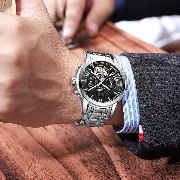 

wristwatches 2021 lige fashoin mens watches automatic mechanical tourbillon watch men stainless steel waterproof wrist, Slivery;brown