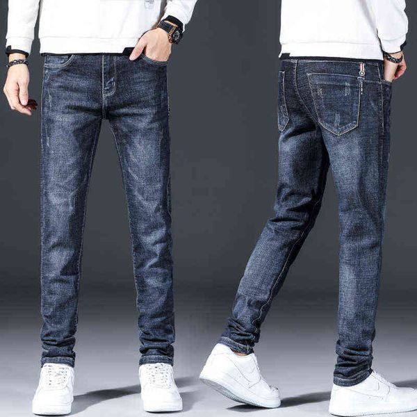 

2021 autumn korean version slim fit elastic comfortable jeans fashion versatile trend men's pants, Blue