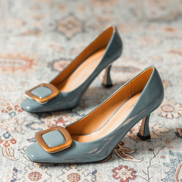 

dress shoes 2022 spring elegant women stiletto 7cm high heels pumps designer office lady patent leather yellow blue wedding prom, Black