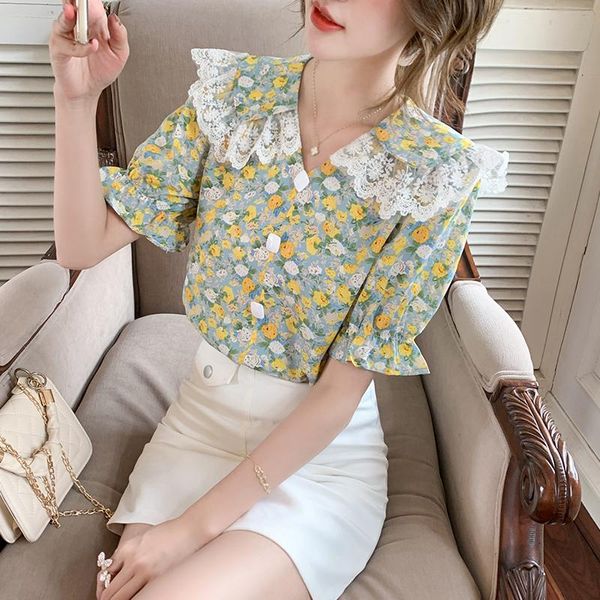 

women's blouses & shirts vintage chic lace patchwork turndown collar shirt woman fashion floral ladies chiffon puff sleeve printed blo, White