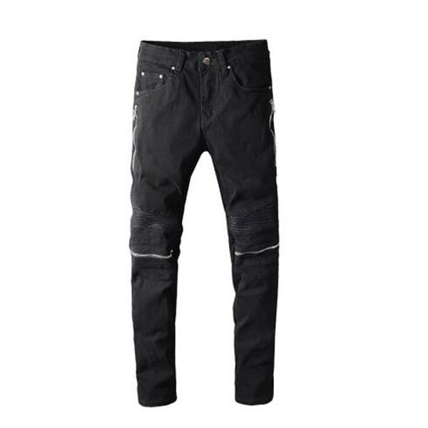 

men's male black zippers pleated pu leather patch biker jeans fashion streetwear slim skinny stretch denim pants trousers, Blue