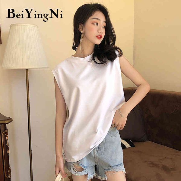 

beiyingni harajuku loose sleeveless t-shirt female solid casual plus size t shirt women cotton korean vintage tshirts womens 210416, White