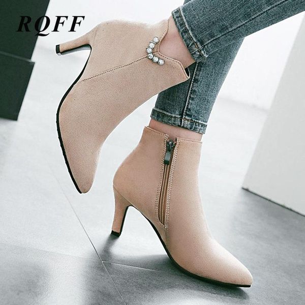 

boots 2021 fashion autumn winter ankle for women thin high heels shoes woman pointed toe big size 33-46 beige red boot, Black