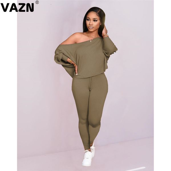 

women's tracksuits vazn special solid elegant v-neck loose lady shinny 2 piece setfull sleeve pant pieces set thct, Gray