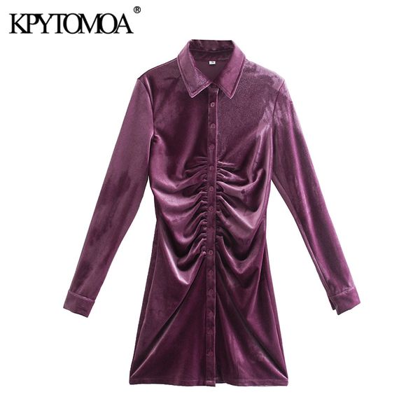 

2021kpytomoa women 2021 chic fashion pleated velvet mini dress vintage long sleeve button-up female dresses vestidos mujer, Black;gray