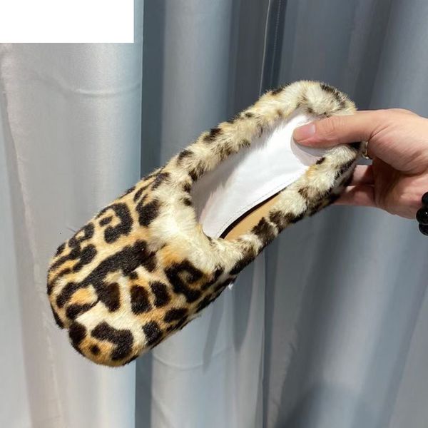 

sandals leopard fur half slippers for women rabbit split toe chunky high heel lazy mules autumn winter comfort leisure shoes, Black