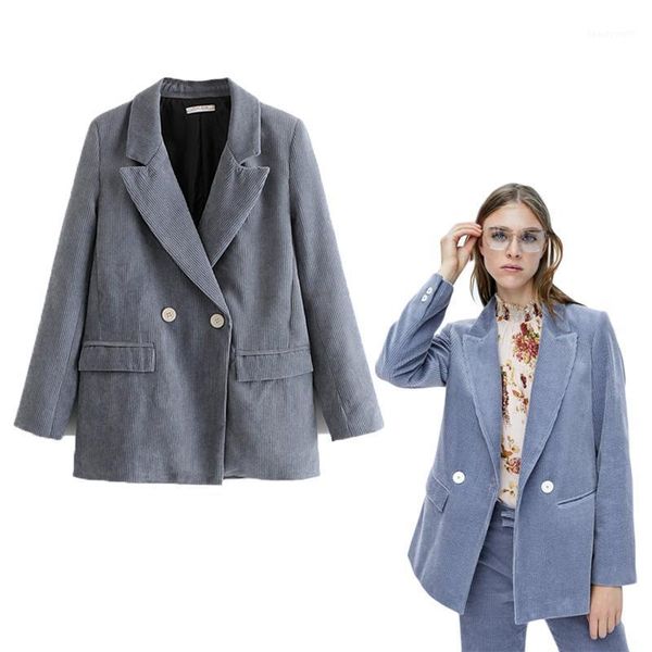 

women's suits & blazers 2021 fashion women corduroy autumn winter double breasted elegant solid ol bule jacket femme casual coat, White;black