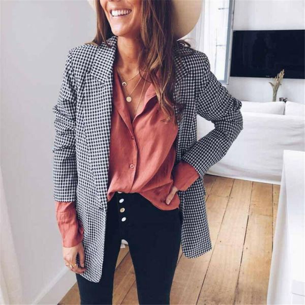 

women's suits & blazers women blazer coat long sleeve notched plaid open stitch pocket loose casual slim jacket, White;black