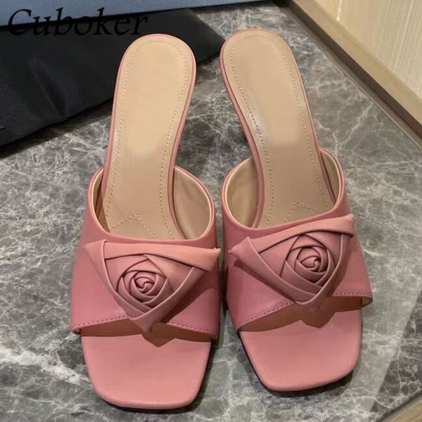 

official website 70% off outlet brand runway heel slippers women flower decor sweet pink color leather slides ladies mules summer dress shoe, Black