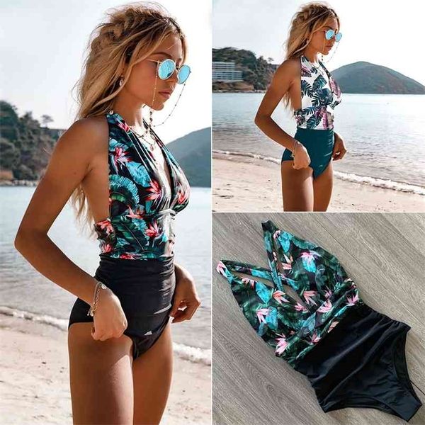 

swimsuit female floral women swimwear push up bathing suits bodysuits beach wear deep v-neck monokini 210630, White;black