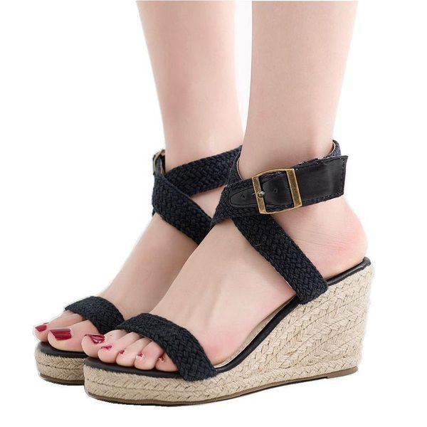 

women sandals wedding party banquet flock buckle strap 8cm wedges high heels round toe zapatos de mujer shoes size 35-42, Black