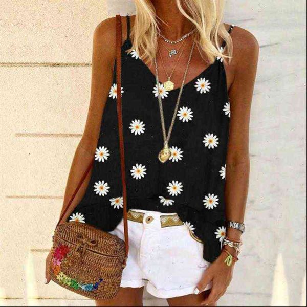 

sling summer casual t shirt women cami print floral sleeveless clothing soft comfortable loose beach female tank, White