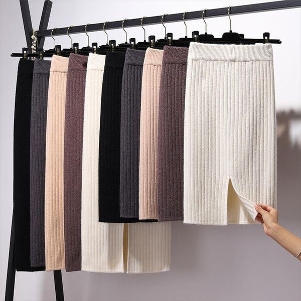 

vk ins autumn winter stretchable women skirt knitted bodycon pencil high waist short amp long bandage female y2k falda, Black