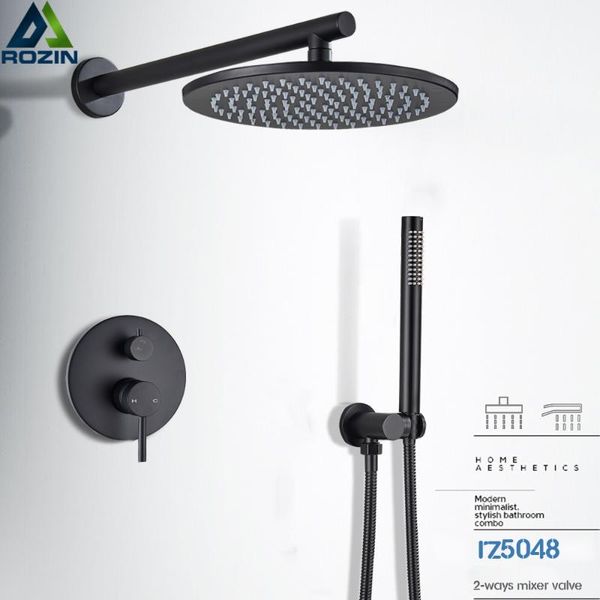

matte black shower faucet brass rainfall concealed mixer tap in-wall 8/10/12/16" rain head diverter valve bathroom sets