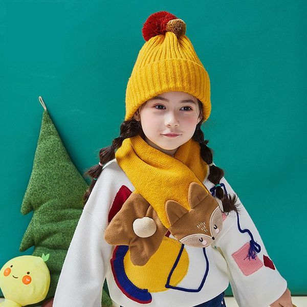 

caps & hats 2pcs winter warm children two piece set cute cartoon thickened plush fleece baby scarf 1-12y kids christmas, Yellow