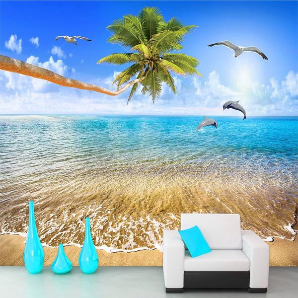 

wallpapers custom wall cloth sandy beach coconut trees dolphin sea view 3d po wallpaper for living room bedroom art painting modern