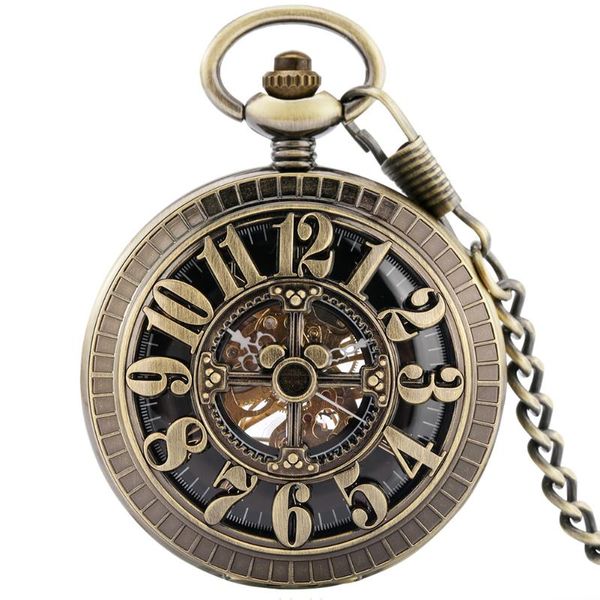 

pocket watches bronze round hollow roman number lady watch manual mechanical good dial practical thick pendant chain antique man, Slivery;golden