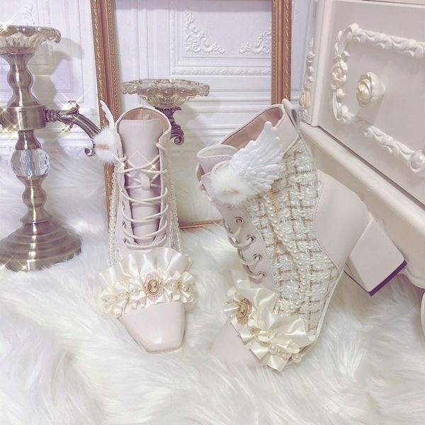 

boots ruffled lace princess loli sweet girl wind tweed short thick heel pointed autumn winter bj7s, Black