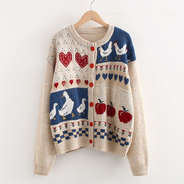 

knits japan style sweet duck and jacquard sweater harajuku mori girl retro jacket coat women knitted cardigan outwear 4m4j, White