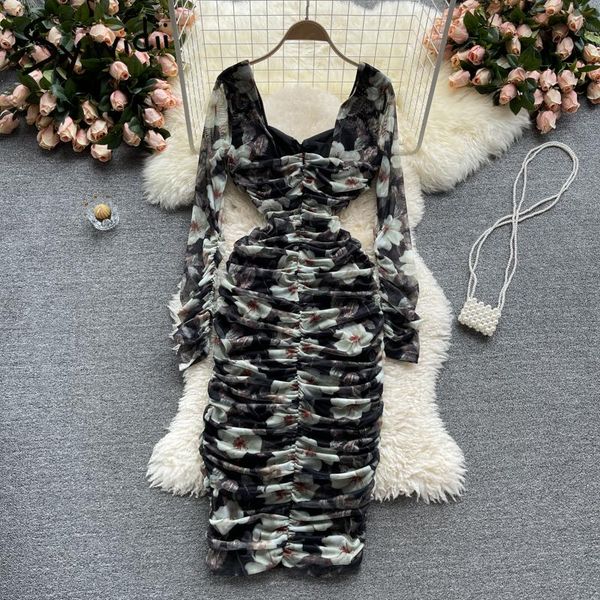 

casual dresses syiwidii vintage print for women summer 2021 fashion v neck long sleeve back zipper folds sheath a line party midi dress, Black;gray
