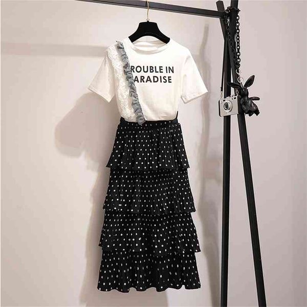 

summer women casual lace patchwork letter print t-shirt + layered dot skirt 2 pcs sets female fashion suits a950 210519, White