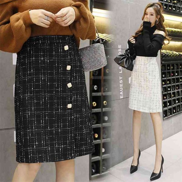 

tweed plaid skirts womens spring autumn high waist button elegant office work midi skirt saia jupe falda 210520, Black