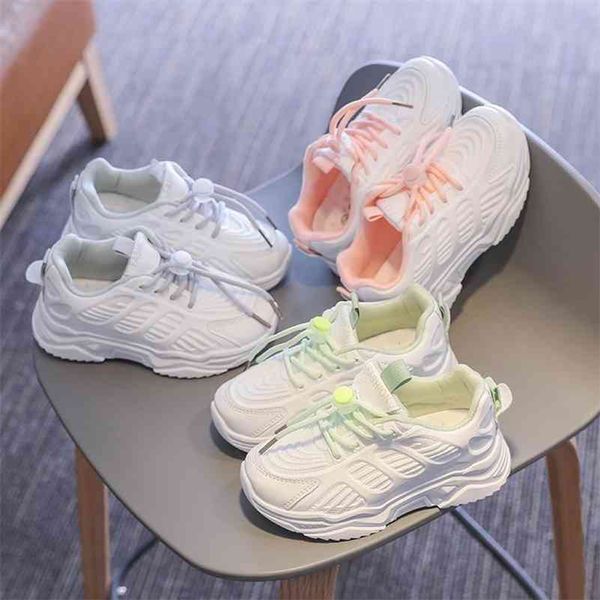 Scarpe bianche per bambini con lacci colorati Moda Kids Boy Casual Sneakers Neonata Cute Chunky Shoes Mesh traspirante 210329