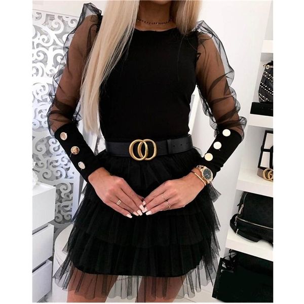 

women's t-shirt 2021 fashion trend women mesh puff long sheer sleeve pullover casual party club buttons autumn slim skinny tee, White