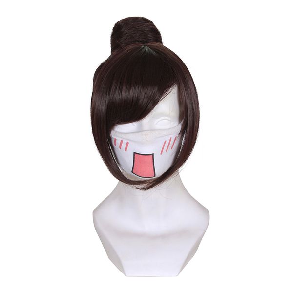 

game ow mei cosplay wig brown short hair with a bun halloween party stage play wigs for women, Black