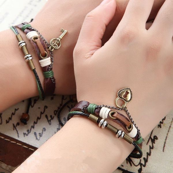 

new 2 pcs his & hers lovers key braclet bangles lock and key couples leather friendship man women cmq9068, Golden;silver