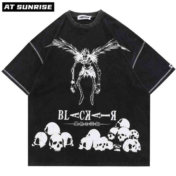 Hip Hop Streetwear HARAJUKU T Gömlek Japon Ölüm Manga Not Baskı Tshirt Erkekler Yaz Kısa Kollu T-shirt Pamuk Gevşek Tops Tee 210707