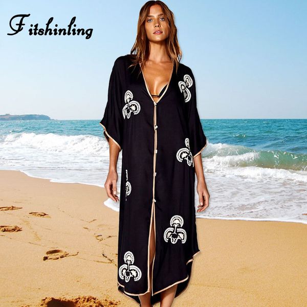 

fitshinling embroidery beach kimono swimwear cover-up vintage slim bla bikini outing holiday summer 2021 long cardigan