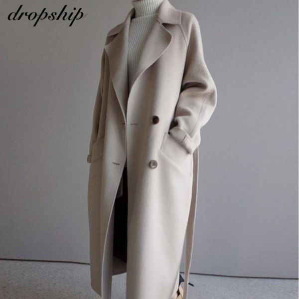 Lana femminile miscele inverno beige miscela elegante donna donna coreana manici neri lunghi cappotti vintage minimalista di lana soprabito cammello sovradimensionato