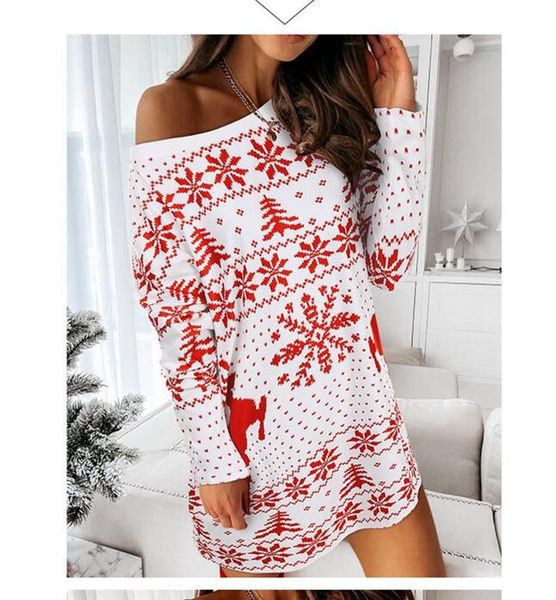 

casual dresses christmas ladies knitted long-sleeved short skirt elk snowflake print round neck girly temperament high street all-match, Black;gray
