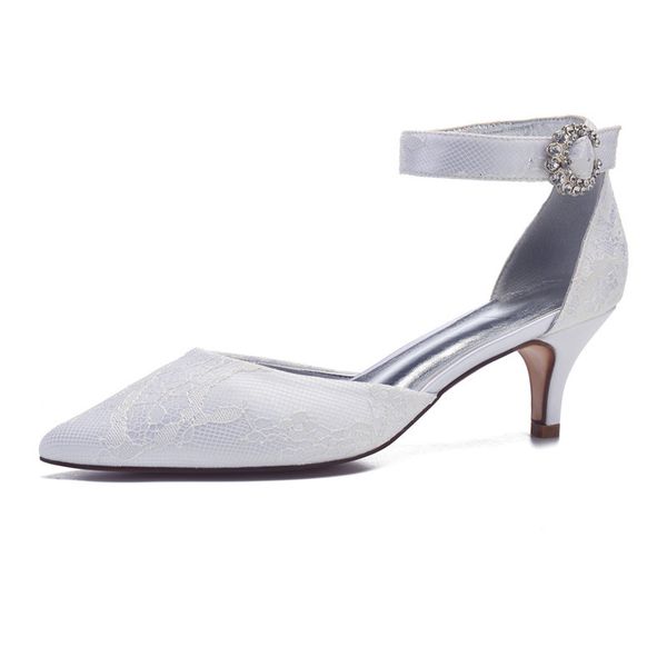 

sandals kitten heels lace wedding shoes for bride pointed toe ankle buckle strap low formal party dress ladies pumps qzfm, Black