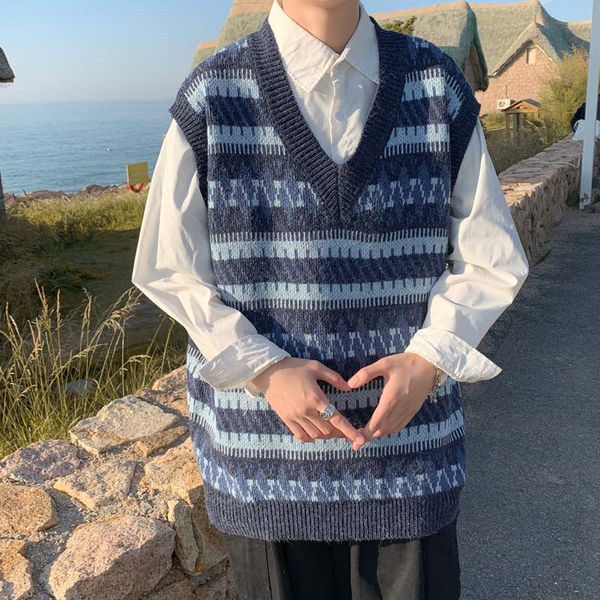 

men's vests striped sweater, v-neck korean loose vest, sleeveless clothing, harajuku autumn clothing, Black;white