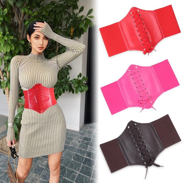 

belts fashion charm wide corset waistband with lace up pu leather band elastic stretch cinch women supports shapes waist belt, Black;brown