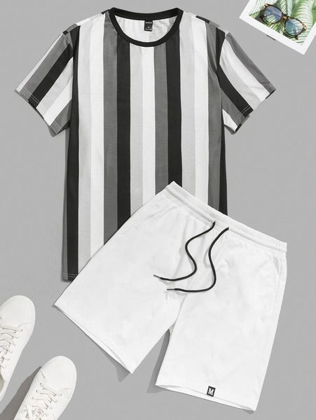 

men striped colorblock & shorts set w6wm#, Gray