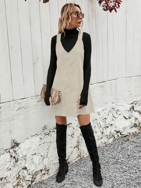 

corduroy solid overall dress without sweater d4en#, Black;gray
