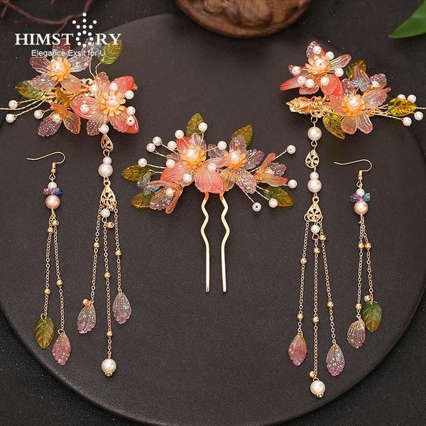 

hair clips & barrettes himstory vintage chinese cream color flower wedding hairpins girls bridal weddinghandfu stick with earring access, Golden;silver