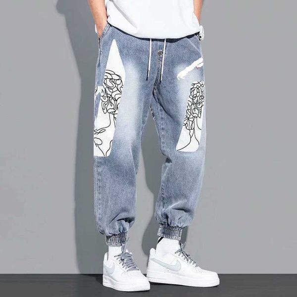 

men's autumn loose plus size denim blue jeans cartoon anime cargo pants harem trousers x0621