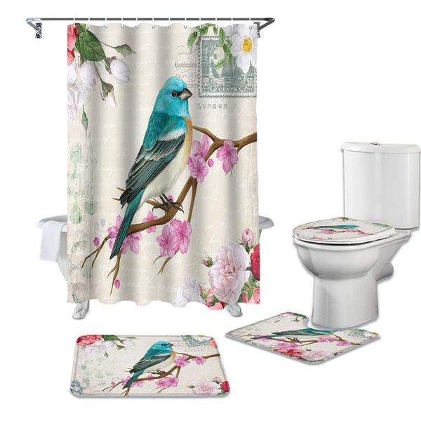 

shower curtains vintage flowers and birds curtain toilet lid cover bath mat set bathroom non-slip rug bathtub home decor