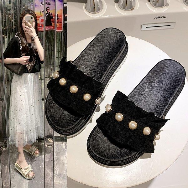 

slippers sandals and female 2021 summer muffin thick bottom fashion wear pearl flat beach z915, Black