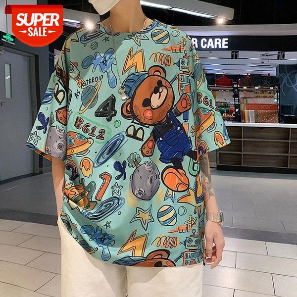 

short-sleeved t-shirt men's hong kong style graffiti printing casual loose half sleeve and women's #fw7c, White;black